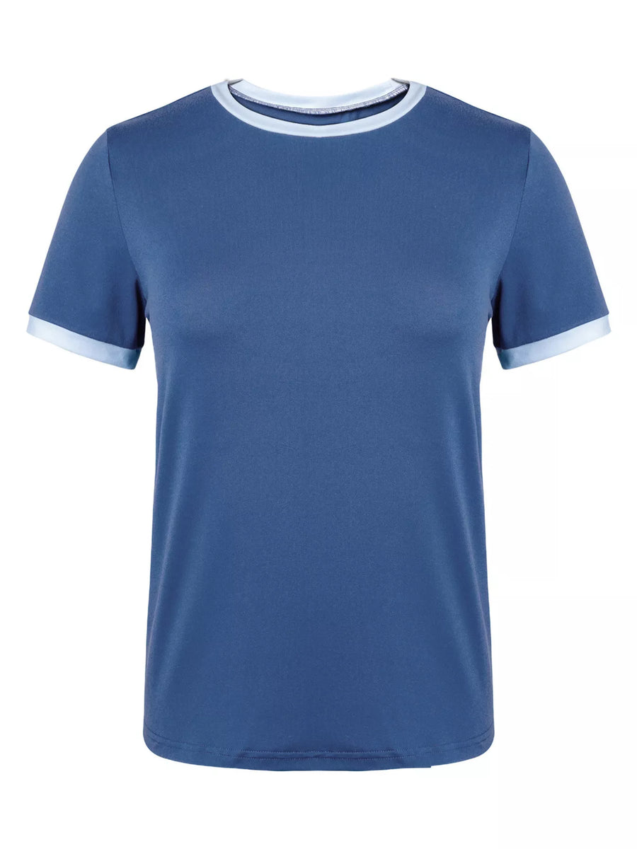 Blue t-shirt with white trim on a white background