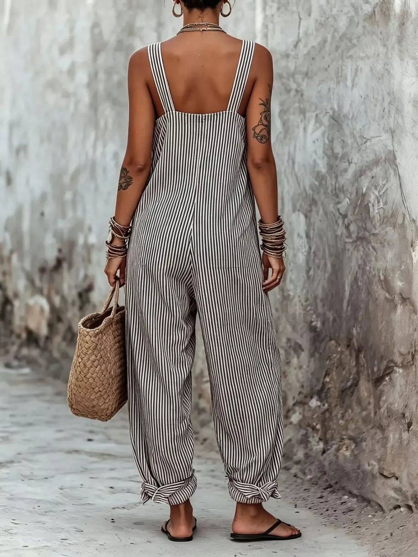 woman showing the back of Full Size Striped Square Neck Wide Leg Jumpsuit Plus Size