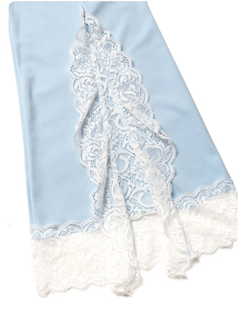 Light blue fabric with white lace trim on a white background