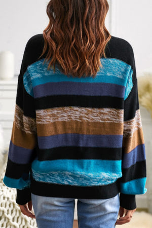 Back view of Contrast Striped Round Neck Drop Shoulder Sweater