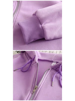 A close-up collage of a lavender purple zip-up hoodie, showing the ribbed sleeve cuff and the hood with matching purple drawstrings and a silver zipper.