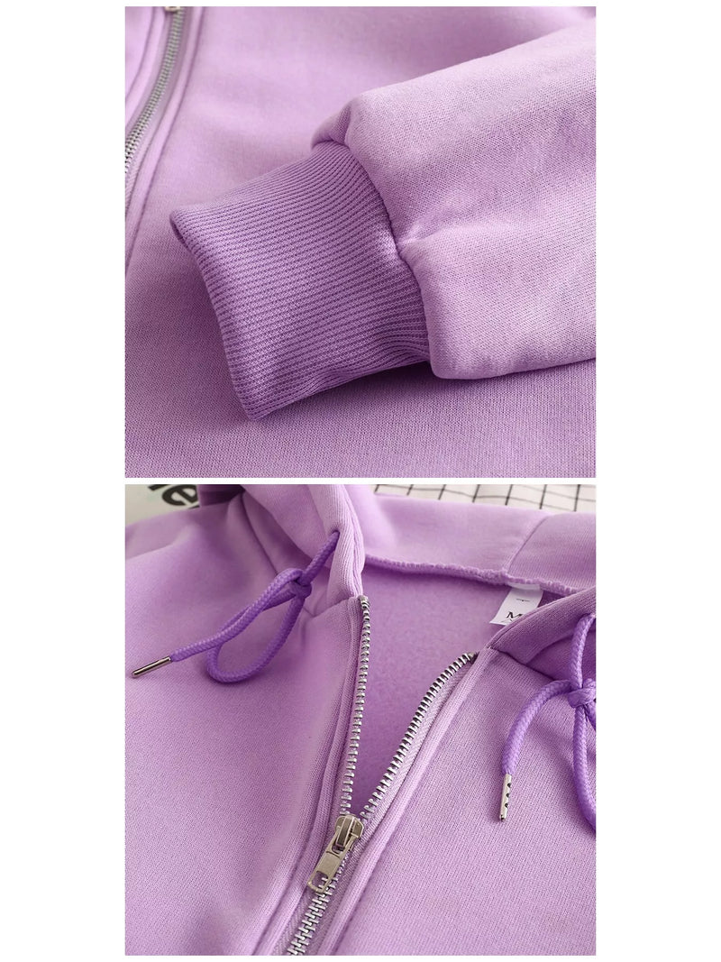 A close-up collage of a lavender purple zip-up hoodie, showing the ribbed sleeve cuff and the hood with matching purple drawstrings and a silver zipper.