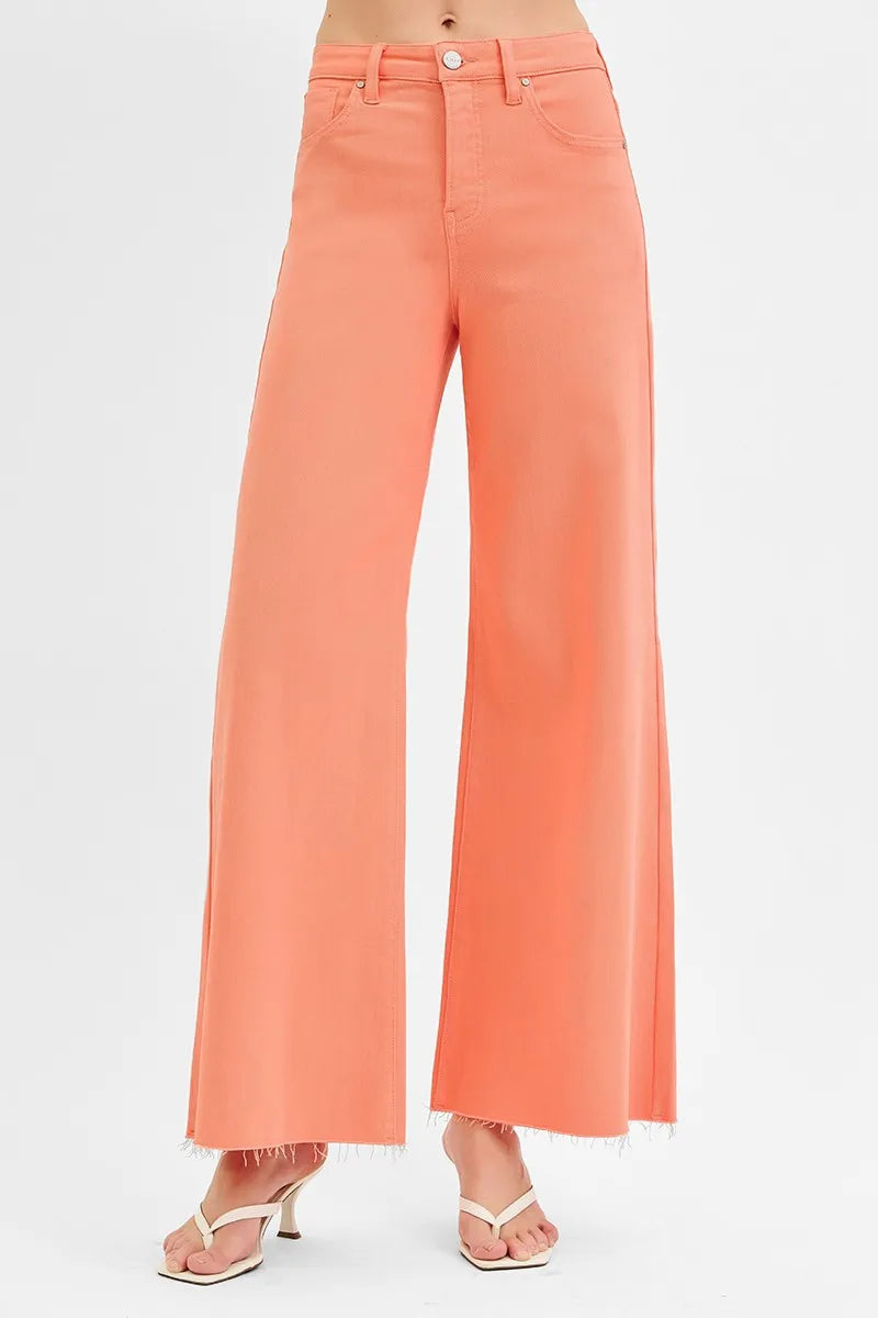Coral wide-leg pants on a white background