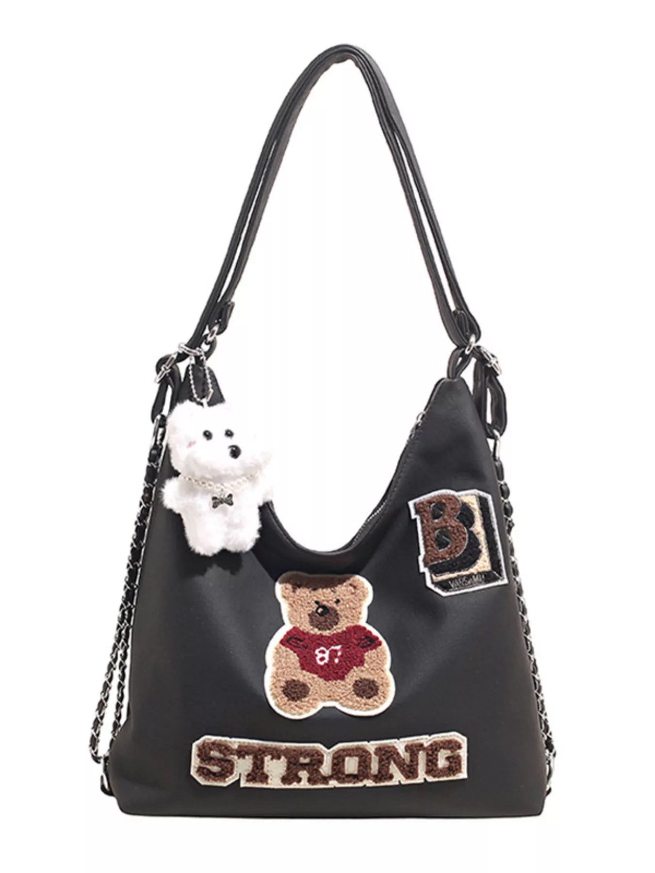 Black handbag with teddy bear and 'STRONG' text on a white background