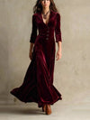 Velvet Button Front 3/4 Sleeve Maxi Dress