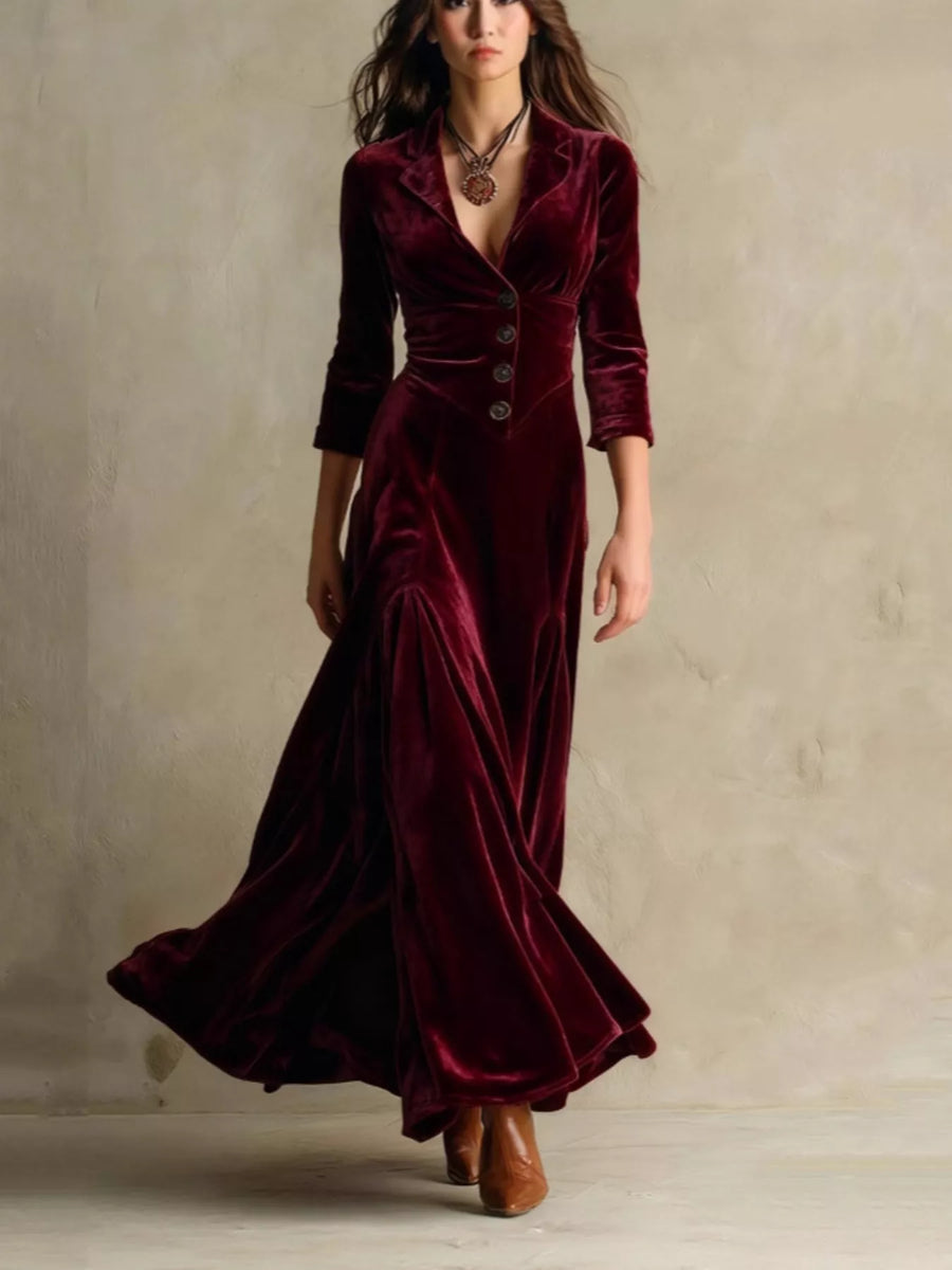Woman wearing a burgundy velvet dress with a plain background