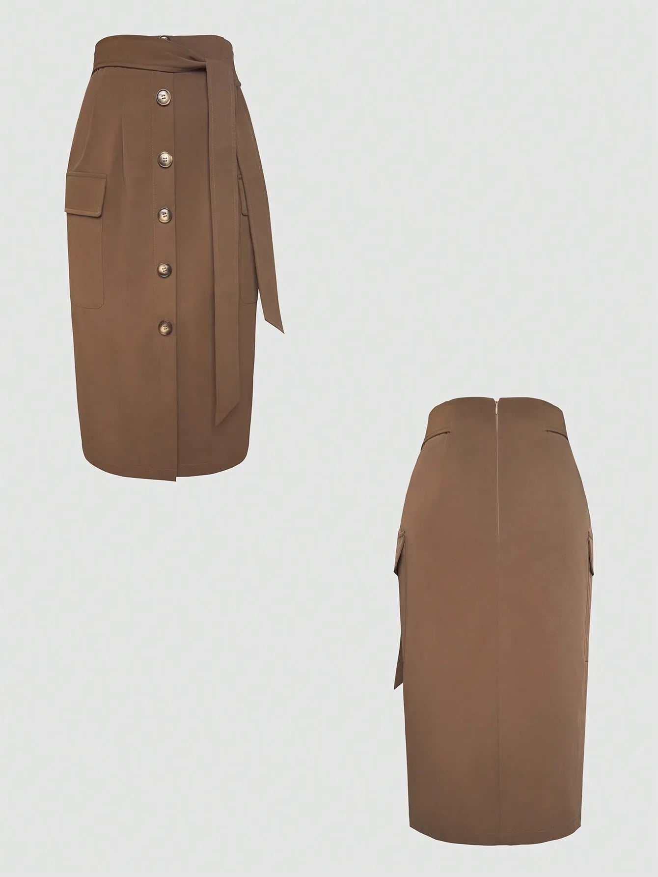 Brown skirt with button details on a light gray background