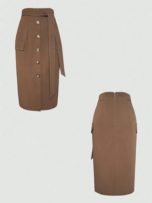 Brown skirt with button details on a light gray background