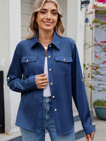 Front view f blue Solid Color Collared Neck Long Sleeve Shirt