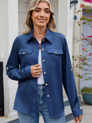 Front view f blue Solid Color Collared Neck Long Sleeve Shirt