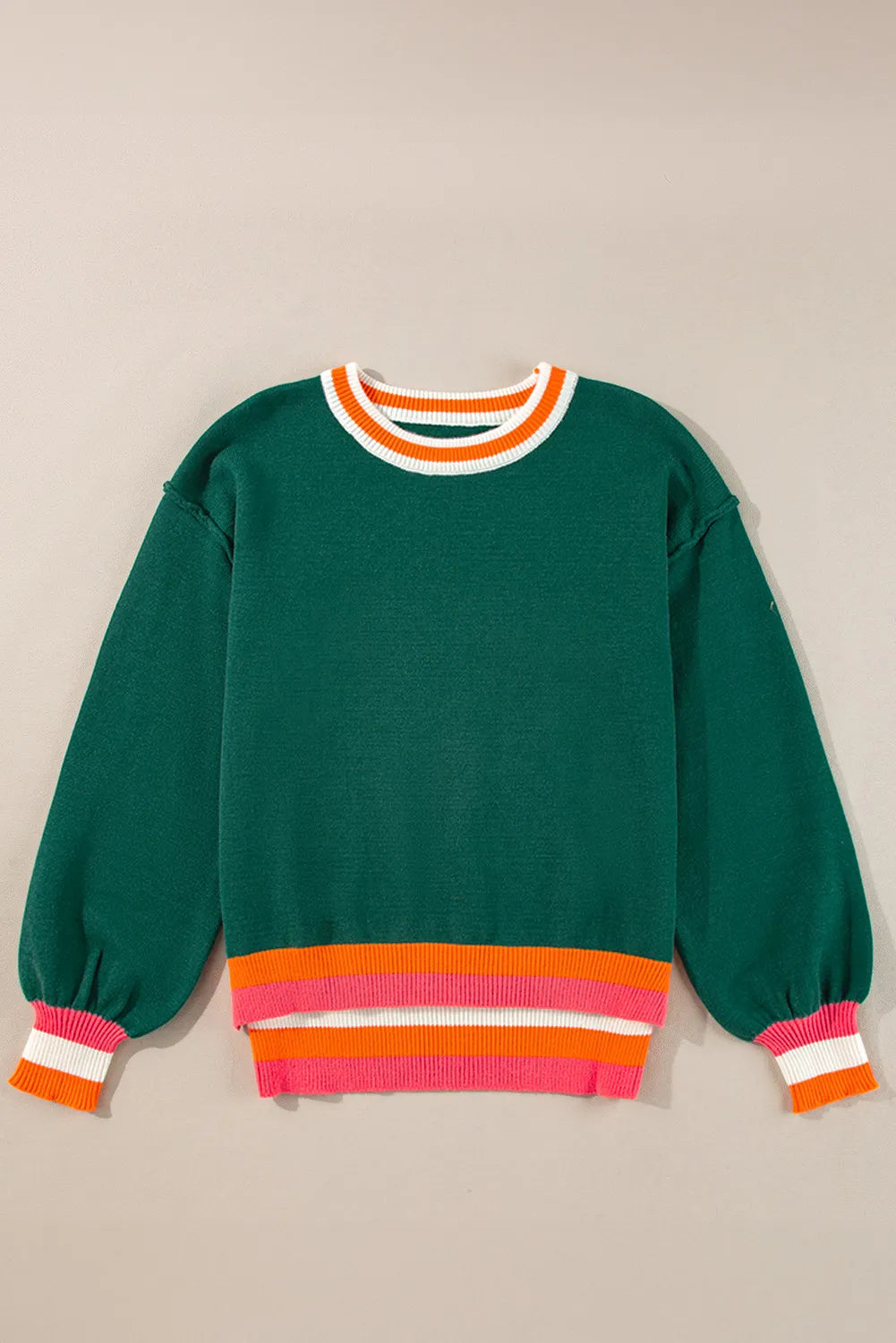 Green Contrast Round Neck Long Sleeve Sweater
