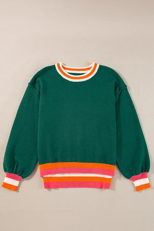 Green Contrast Round Neck Long Sleeve Sweater