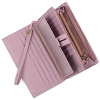 Pink wallet with a strap on a white background