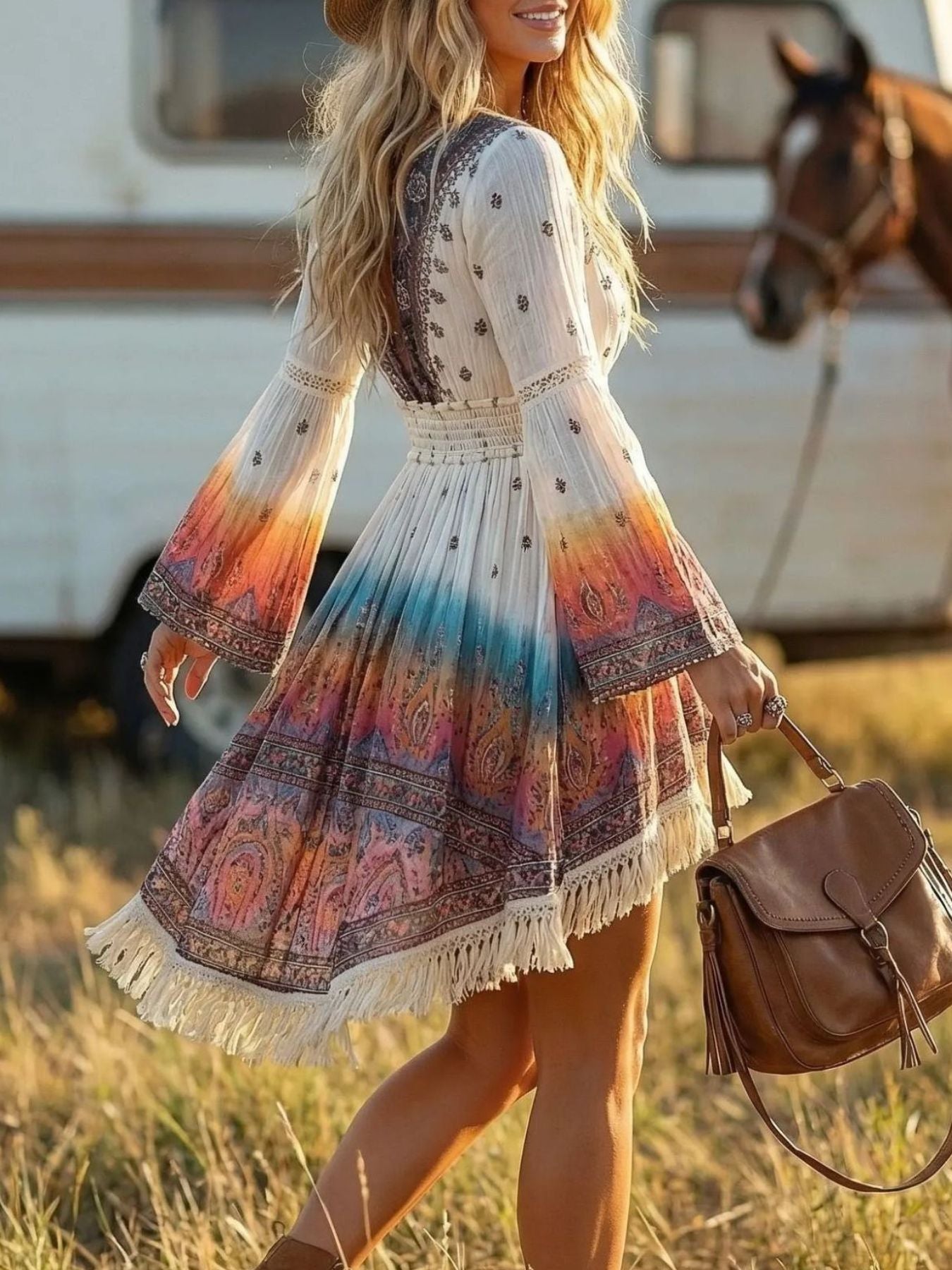 Woman in a colorful dress with fringe walking in a field with a horse in the background.