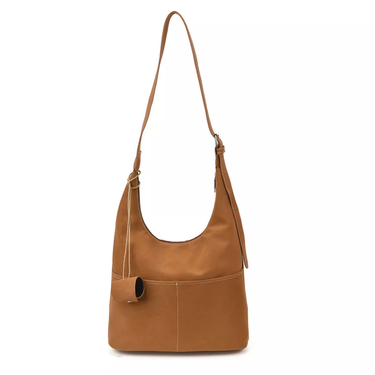 Brown leather handbag with a strap on a white background