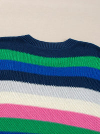 Close-up of a sweater with colorful horizontal stripes on a beige background