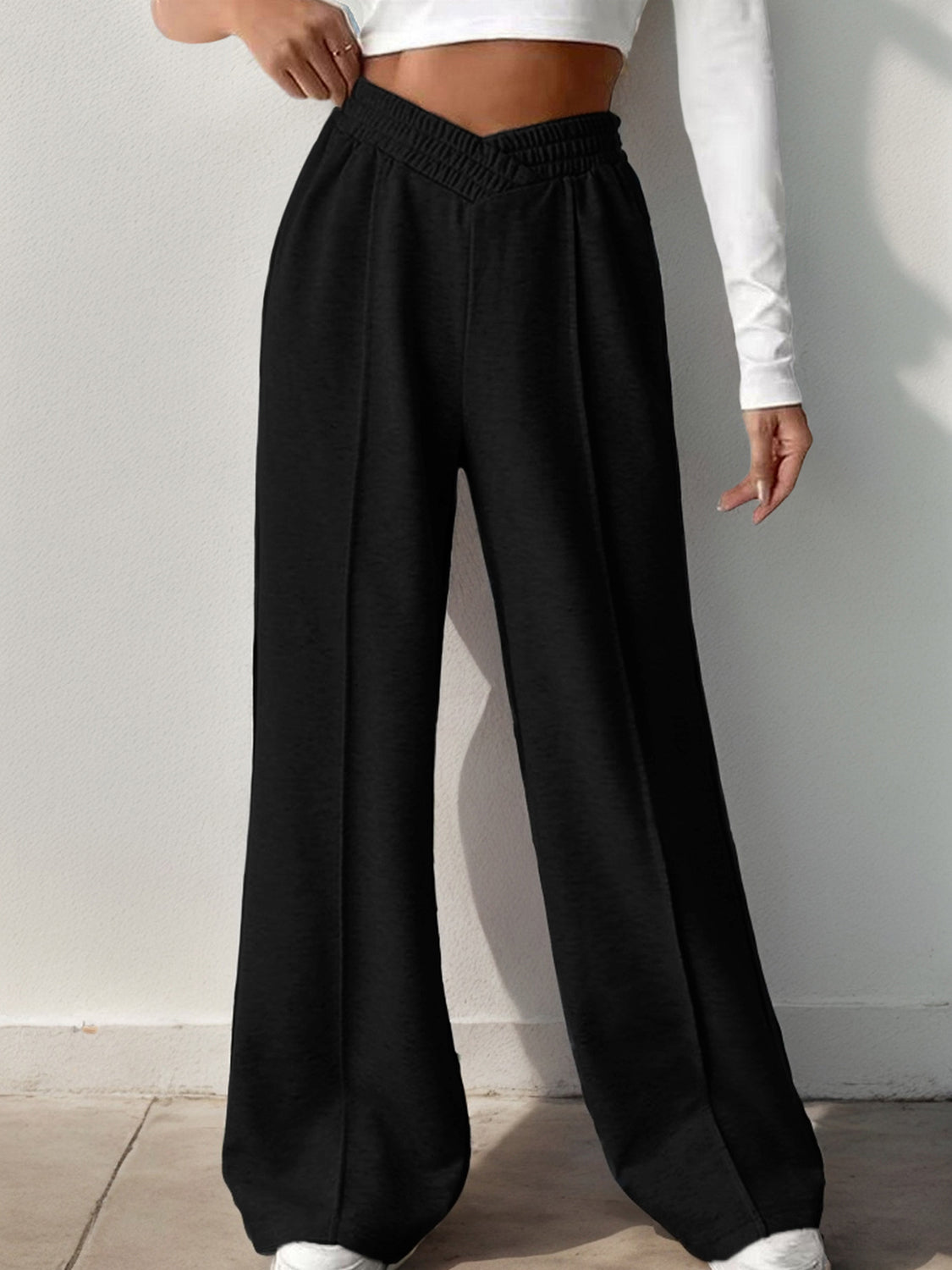 A front view of black Elastic Waist Wide Leg Jogger Pants