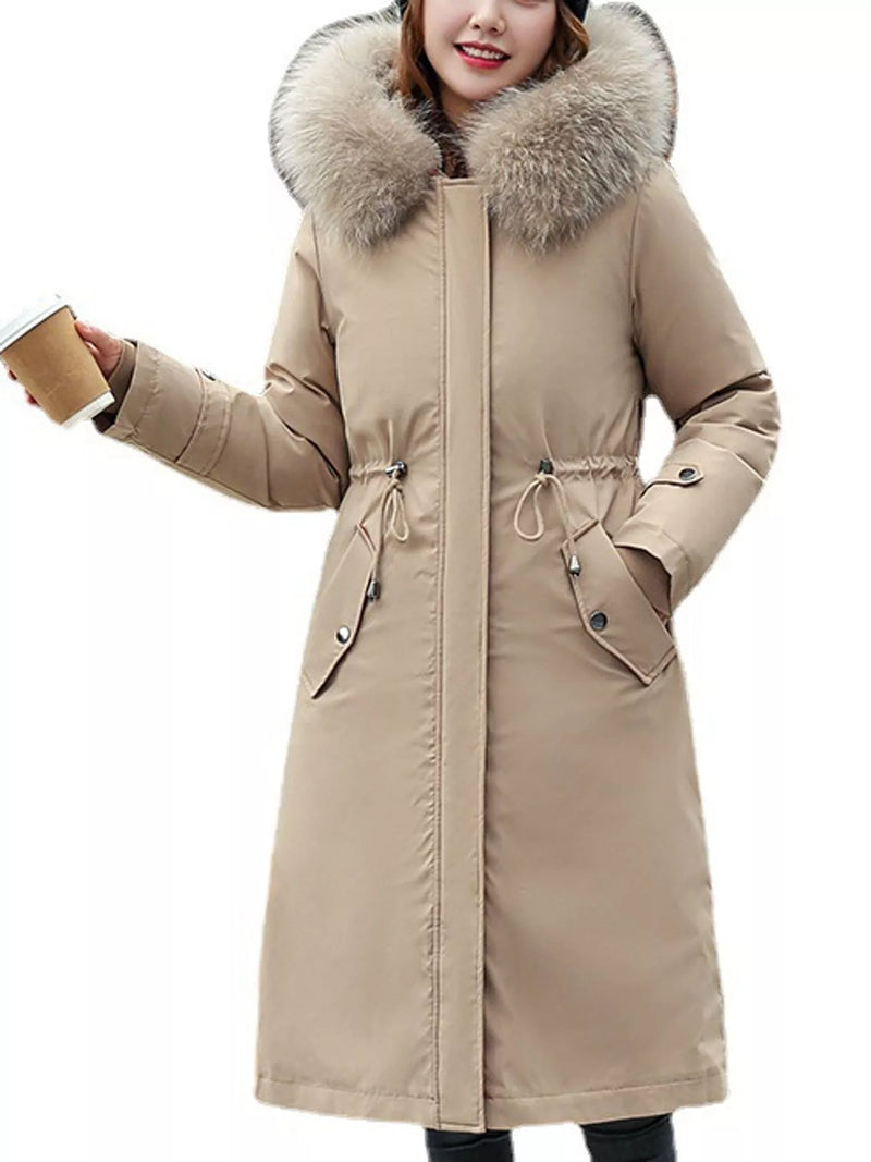 Full view of biege Women's Detachable Longline Hooded Parka with Faux Fur Trim and Drawstring Waist