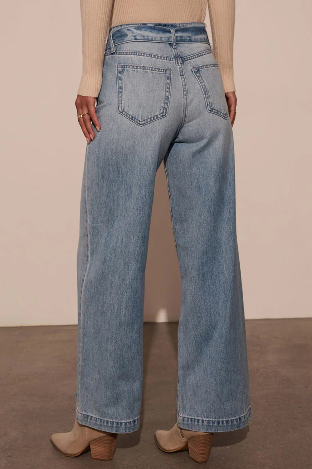 Back view of Tied Wide Leg Jeans with Pockets