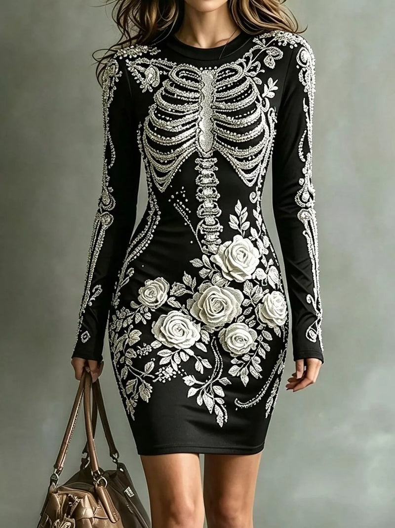 A woman wearing a fitted black long-sleeve mini dress with large white floral and ribcage embroidery, holding a brown handbag against a soft gray studio background.