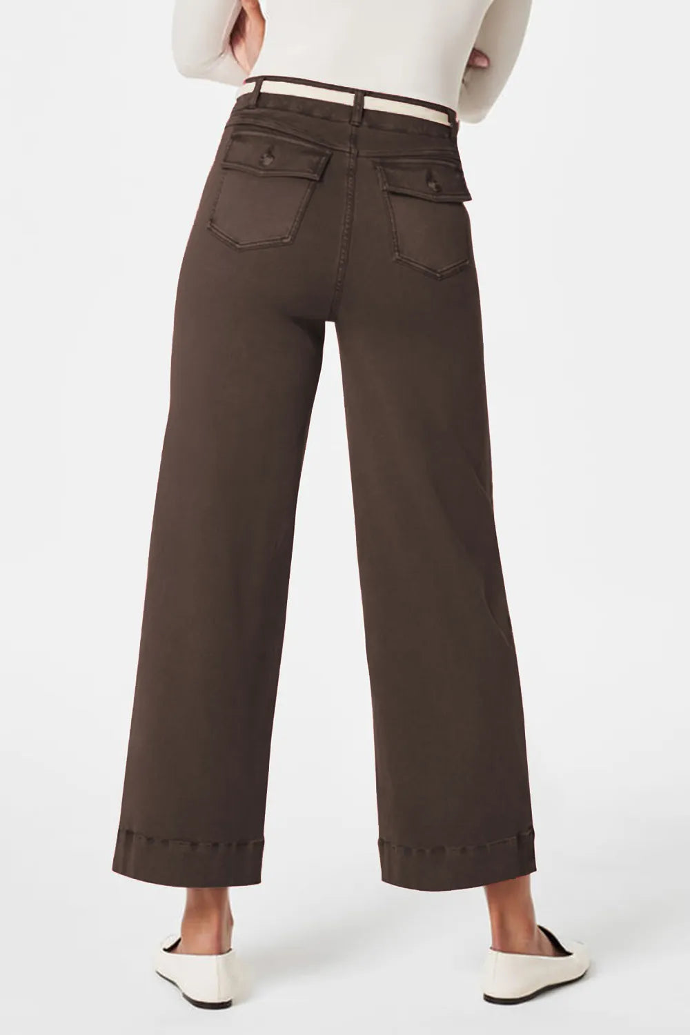 Brown wide-leg pants worn by a person on a white background