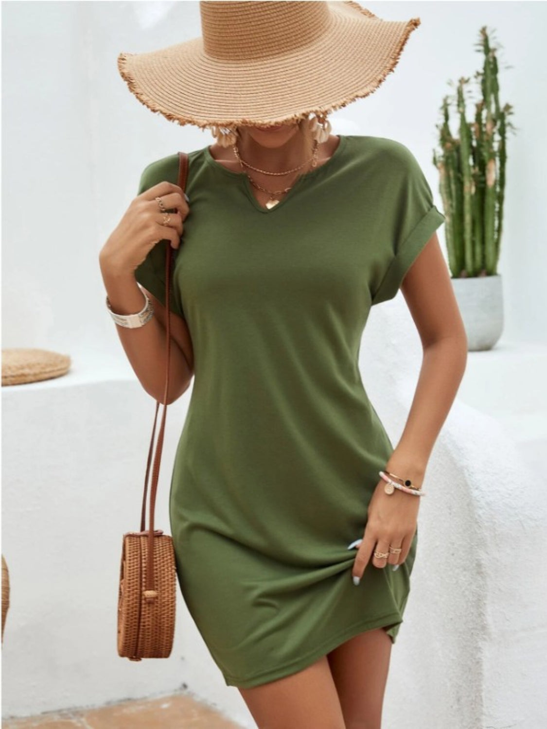 Front view of green Notched Short Sleeve Mini Tee Dress