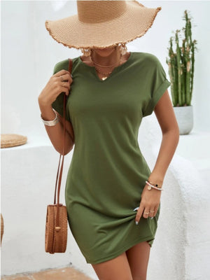 Front view of green Notched Short Sleeve Mini Tee Dress