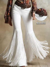White flared pants with a belt and an inset showing 'No belt' option.