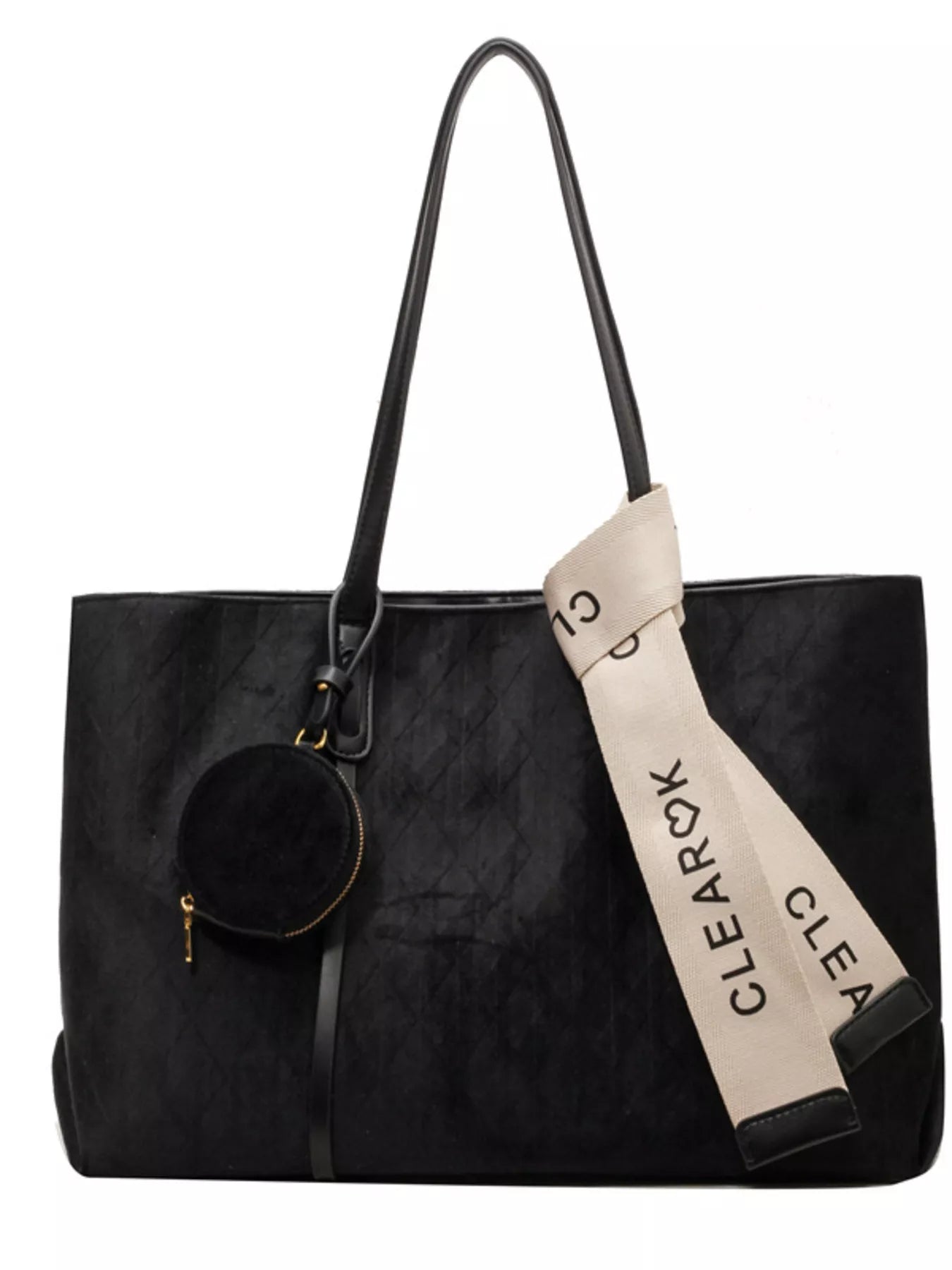 Black handbag with a visible brand tag on a white background
