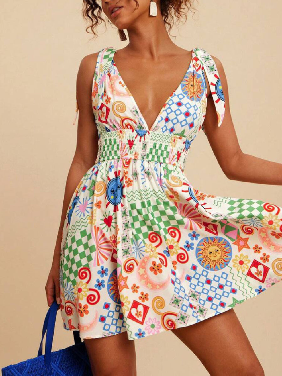 Woman wearing a colorful patterned dress against a beige background