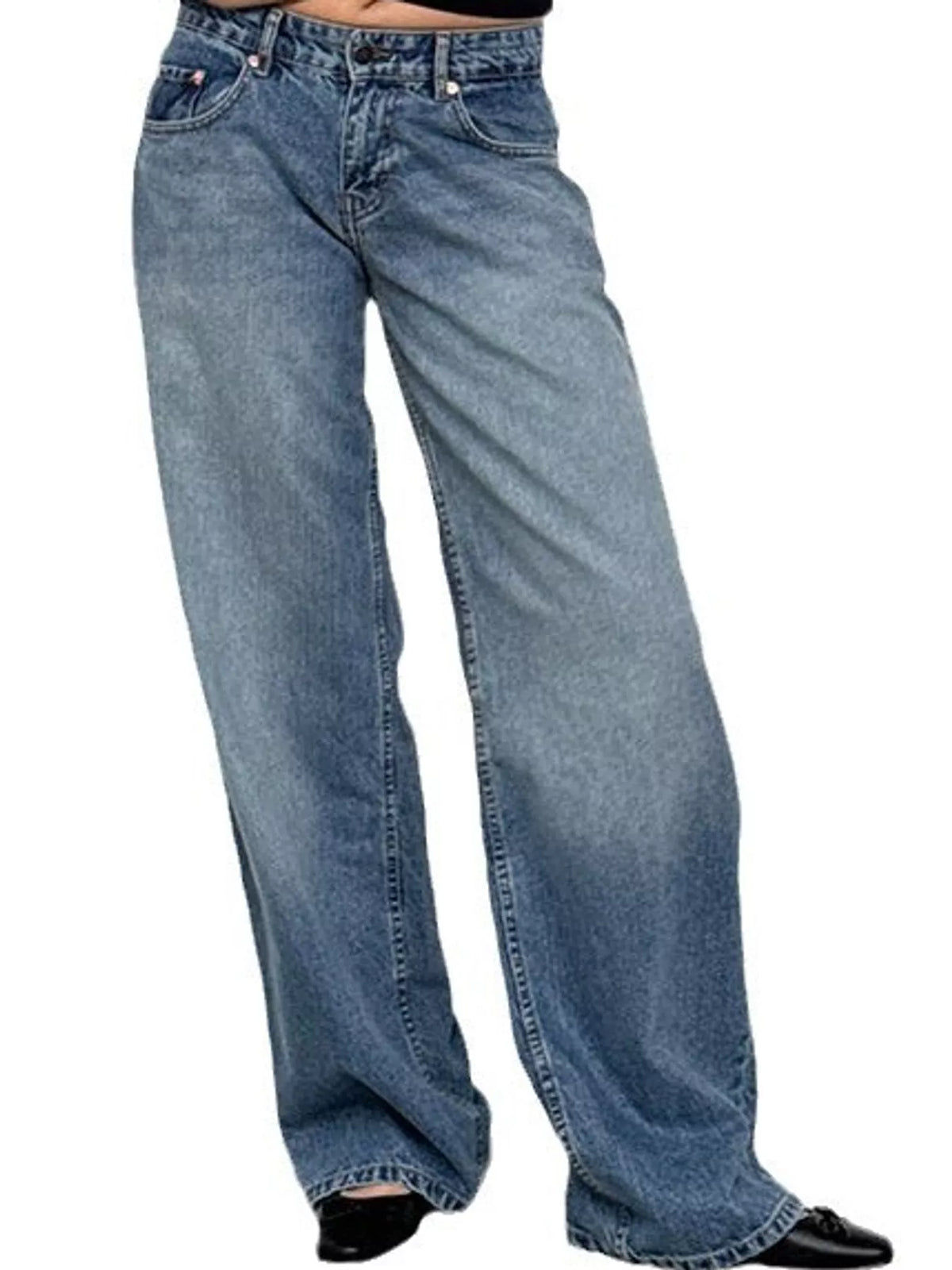 Light blue wide-leg denim jeans shown on a model from the waist down, paired with black shoes against a plain white background.