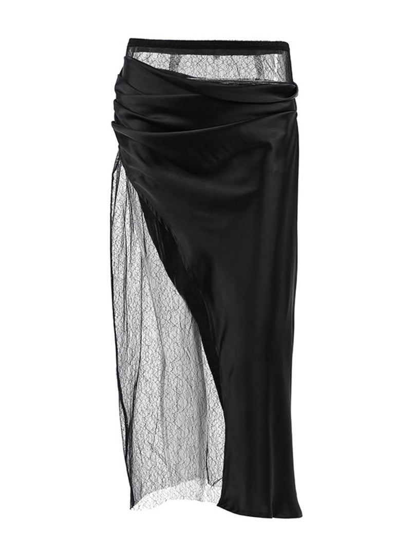 Black skirt with lace detailing on a white background