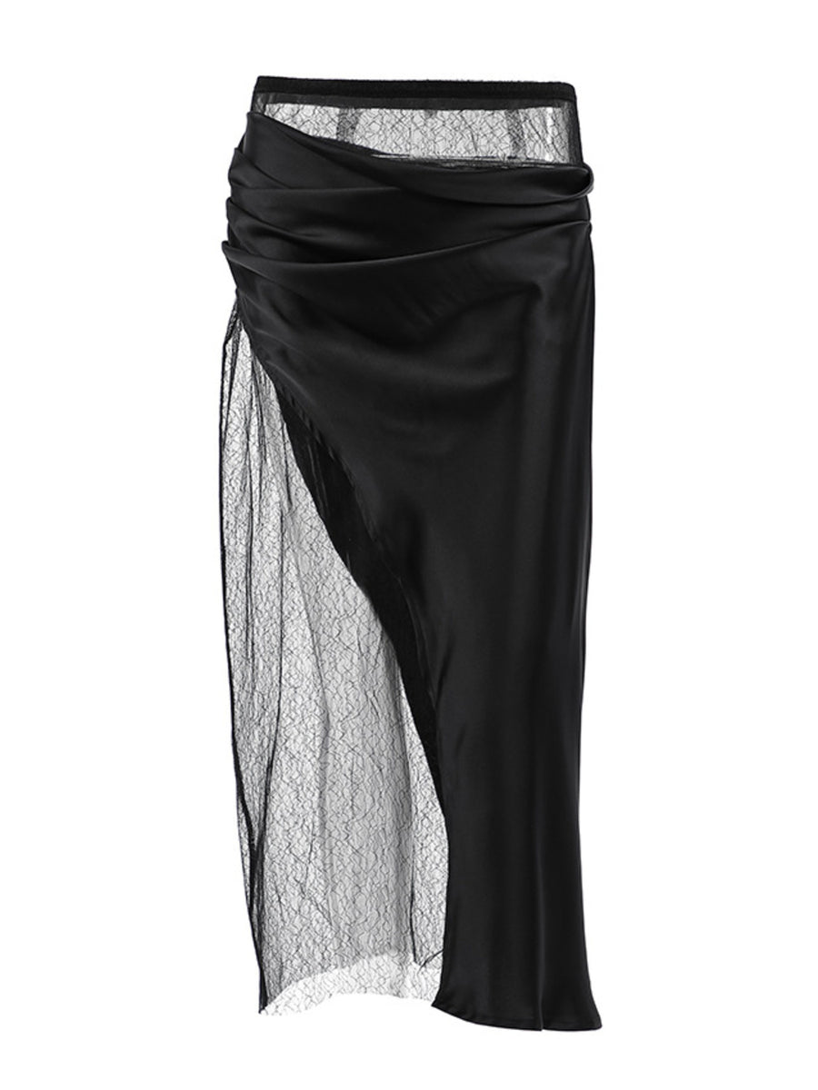 Black skirt with lace detailing on a white background