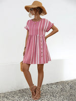 A full view of pink Striped Polka Dot Frill Short Sleeve Mini Dress 