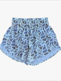 Blue patterned shorts on a white background