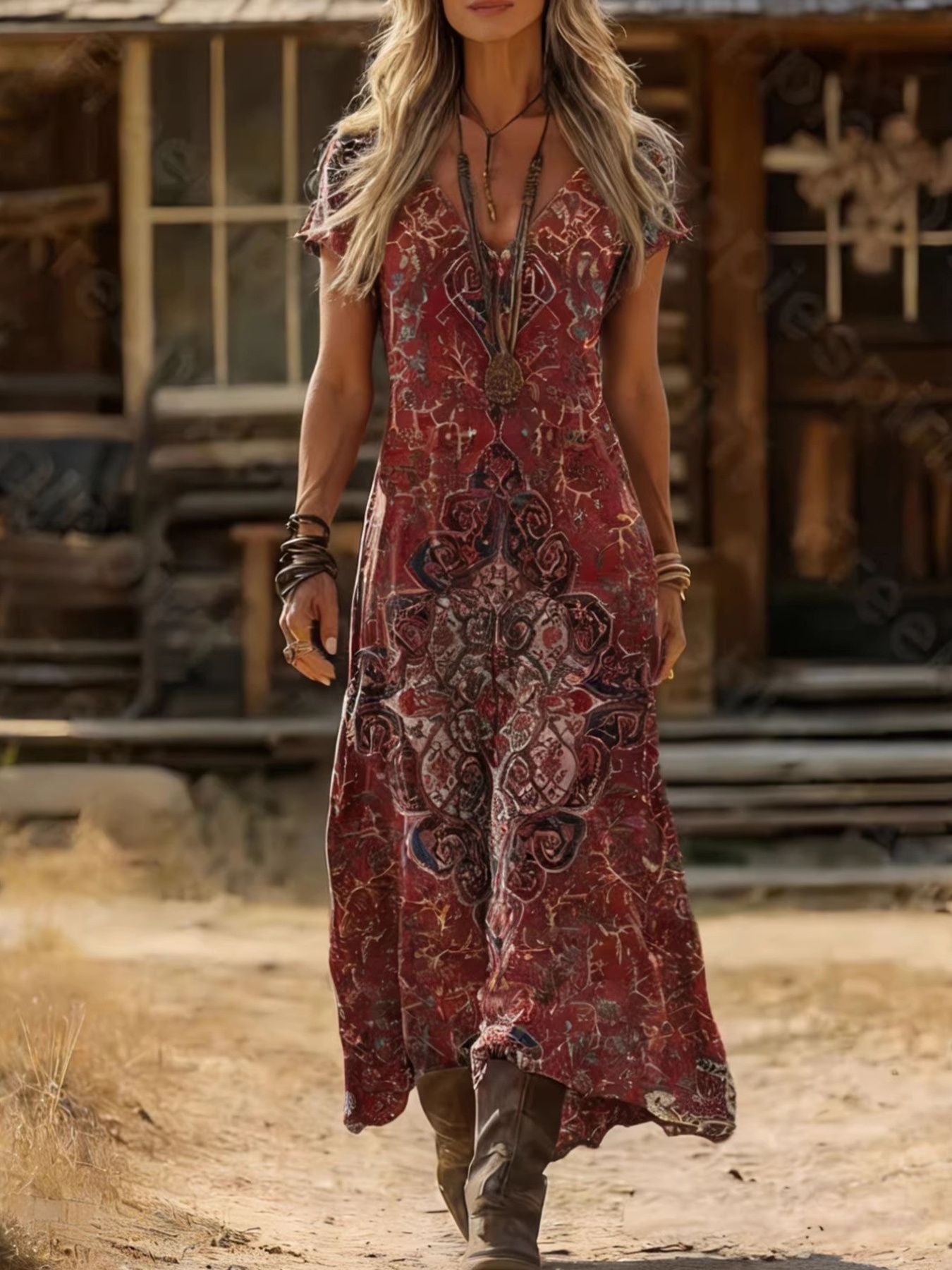 Woman in a patterned dress walking on a dirt road with rustic buildings in the background