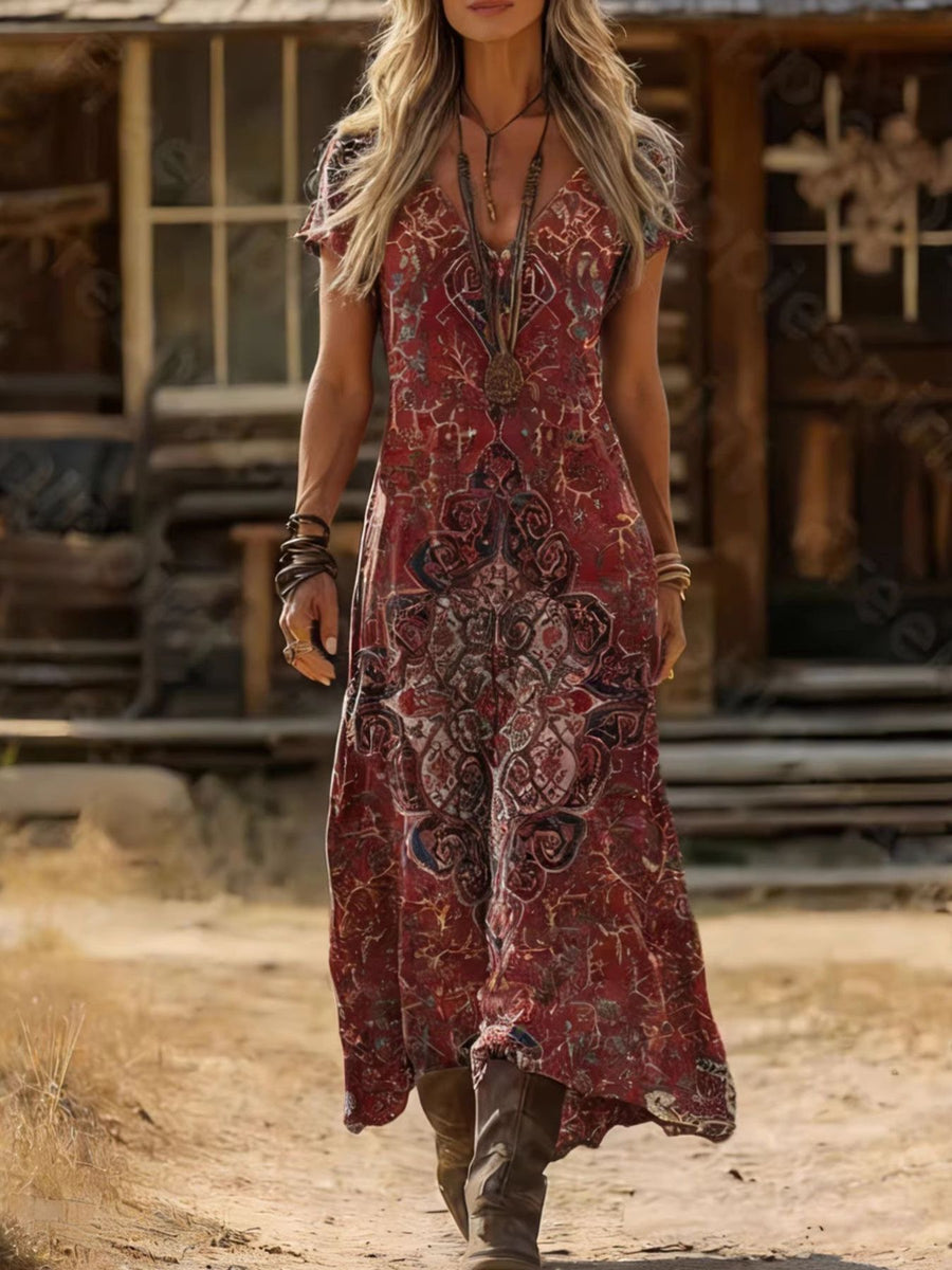 Woman in a patterned dress walking on a dirt road with rustic buildings in the background