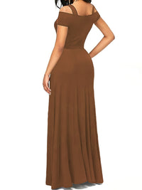 Brown off-shoulder evening gown on a white background