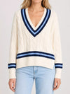 V-Neck Cable Knit Sweater with Contrast Striped Trim