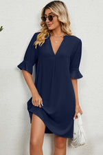 Front view of navy Notched Flounce Sleeve Mini Dress