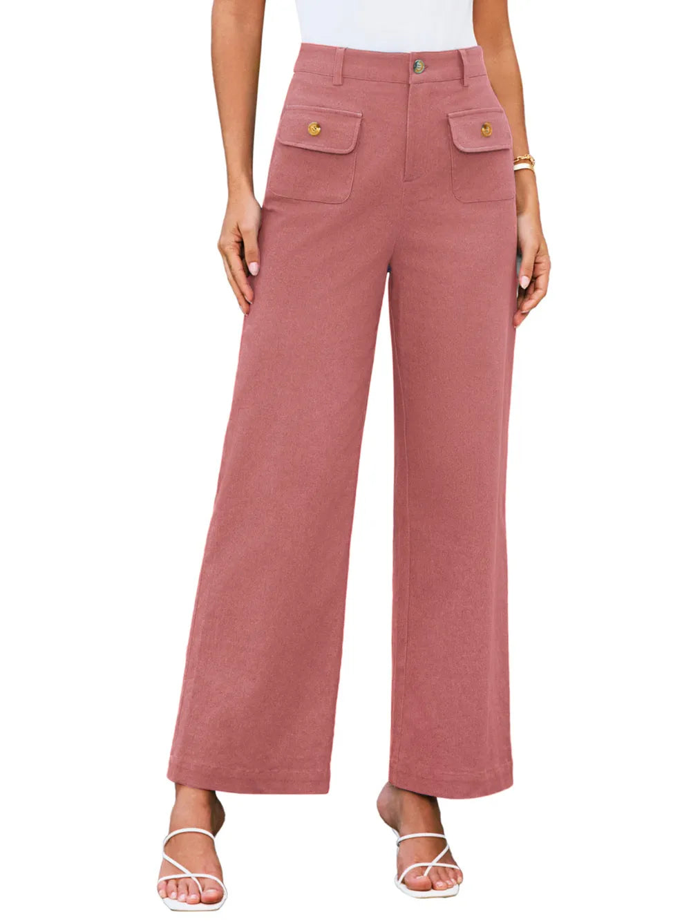 Pink wide-leg pants worn by a person on a white background