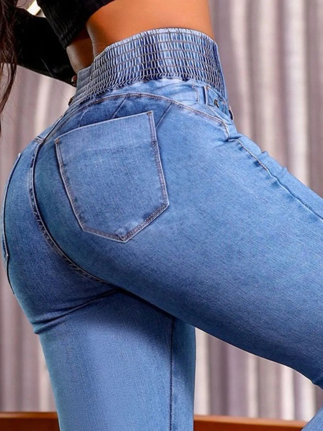 Close-up of blue jeans with a blurred background
