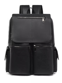 Black backpack with multiple zippers on a white background