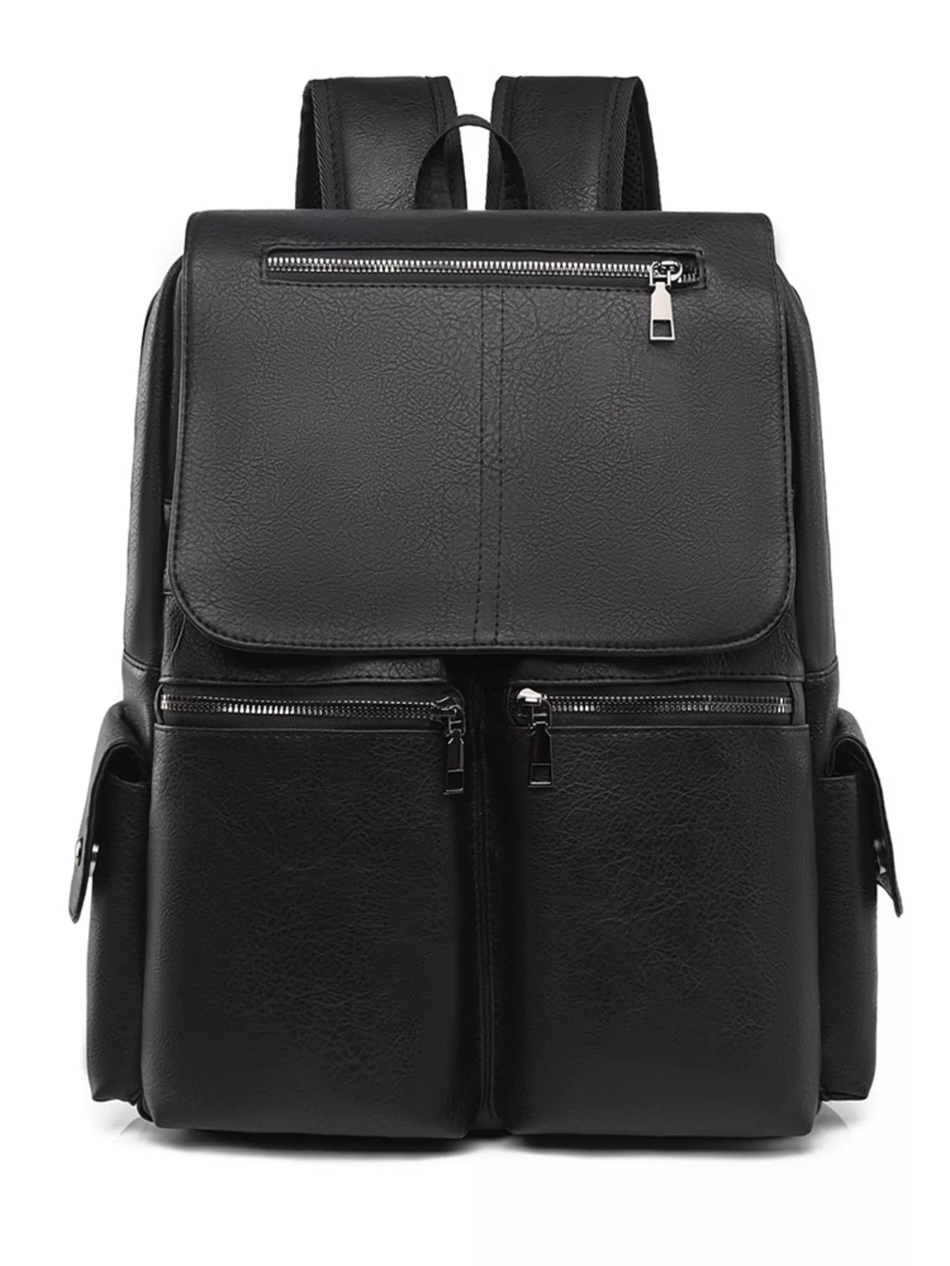 Black backpack with multiple zippers on a white background