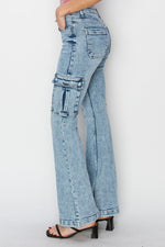 Side view of RISEN Full Size High Rise Cargo Flare Jeans