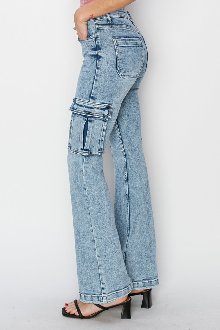 Side view of RISEN Full Size High Rise Cargo Flare Jeans