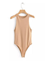 Beige bodysuit on a hanger against a white background