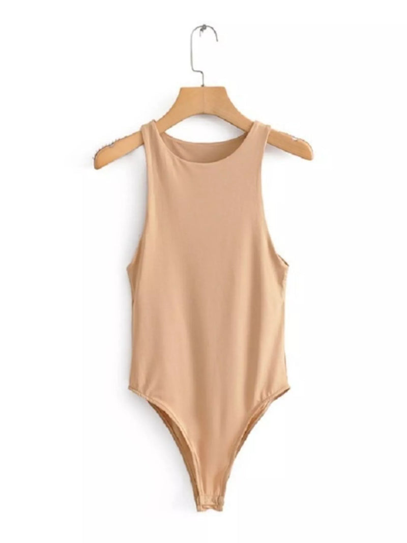 Beige bodysuit on a hanger against a white background