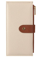 Beige leather wallet with brown strap and gold buckle on a white background