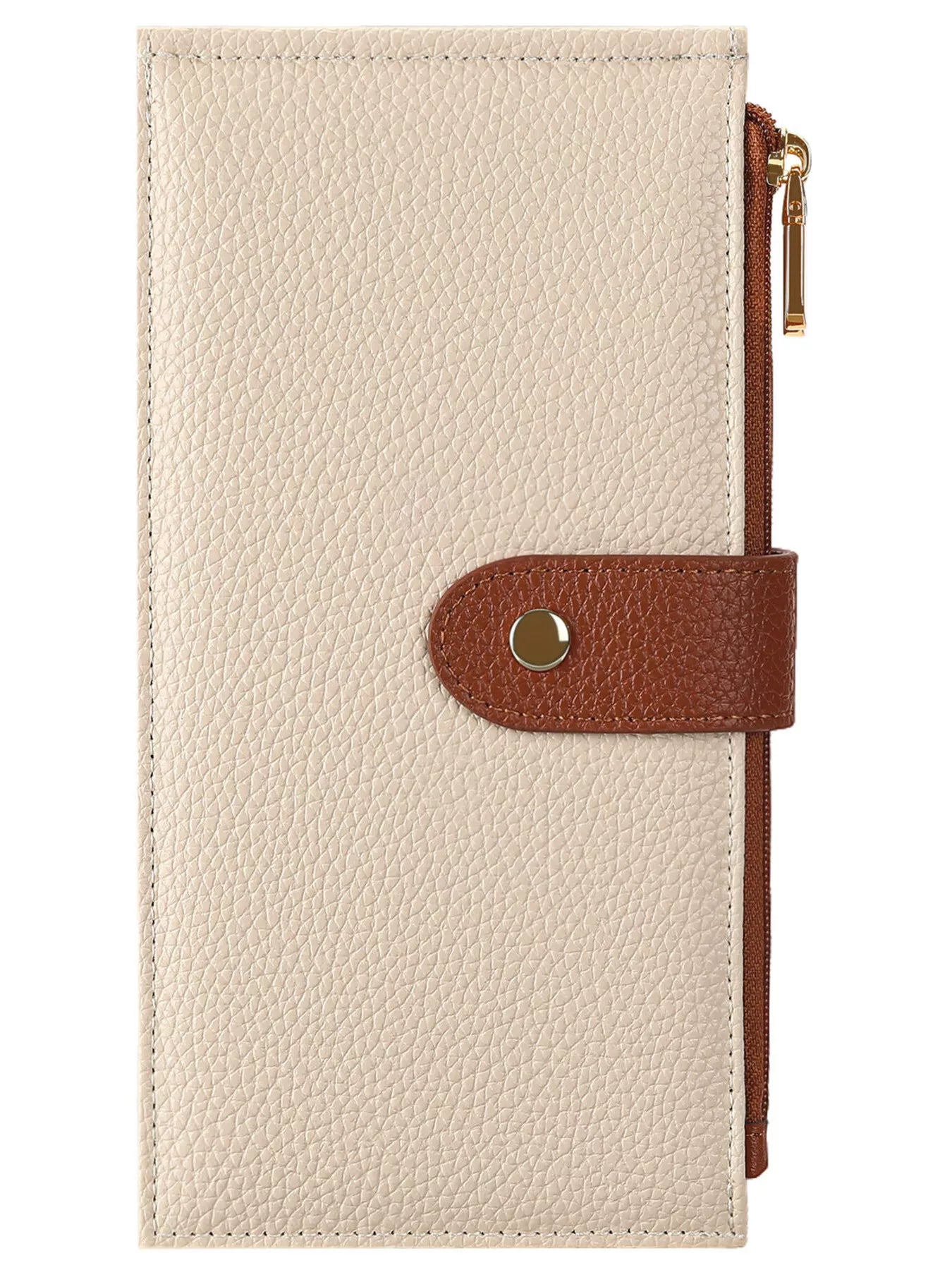 Beige leather wallet with brown strap and gold buckle on a white background